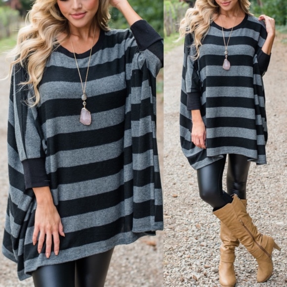 Bellanblue Tops - CANDACE Striped Loose Fit Top - CHARCOAL